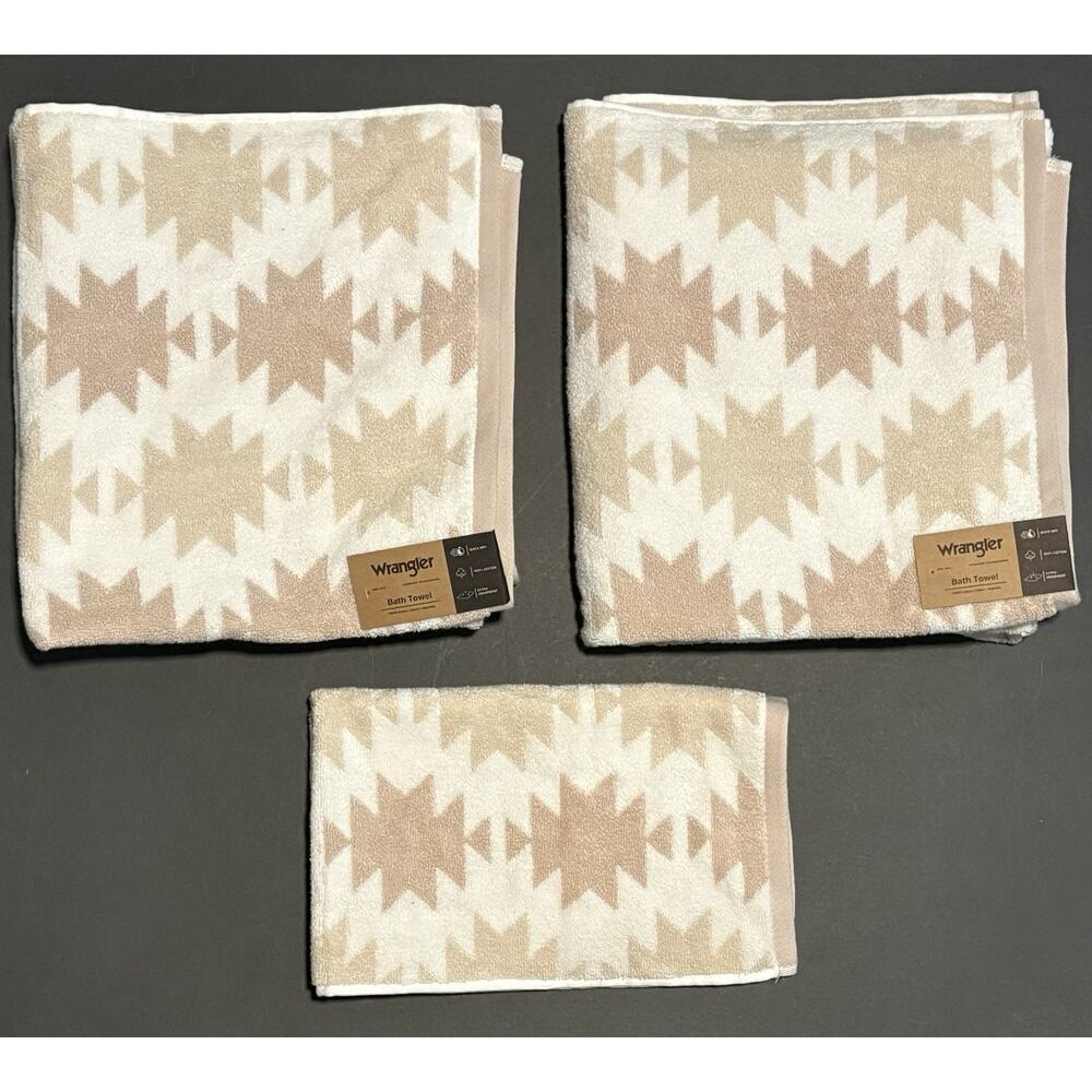 Wrangler Bath Hand Towels Canyon Ikat Beige Set Of 3 Pcs Aztec Southwestern Tan